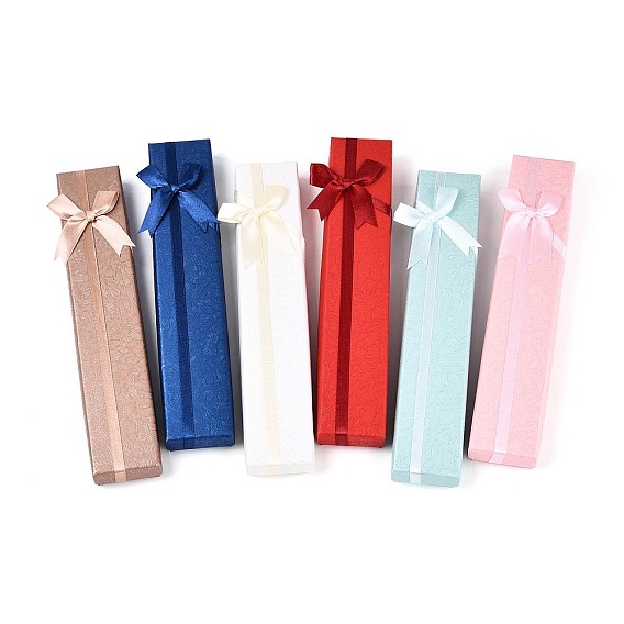 Картонные коробки для хранения ювелирных изделий и ожерелий, с лентой-бантом снаружи и белой губкой внутри, прямоугольные