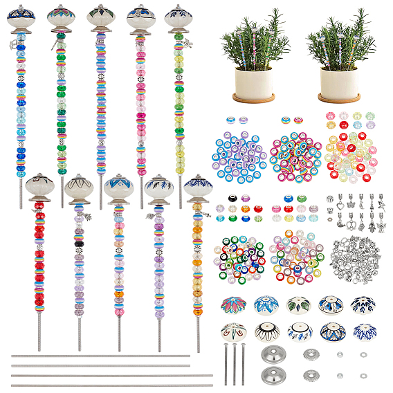Kit de estacas de jardín con cuentas para hacer tú mismo, Incluyen pomos de cajón de porcelana con forma de bola., cuentas europeas de aleación, acrílico y resina