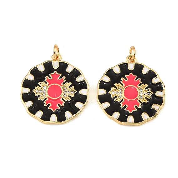 Pendentifs en laiton zircon cubique transparent, avec l'émail, rond et plat avec les charmes de croix, colorées