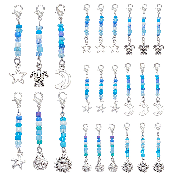 24шт 6 стили подвески из сплава украшения, Стеклянные бусины и подвеска из сплава с застежкой-когтем-лобстером, разнообразные