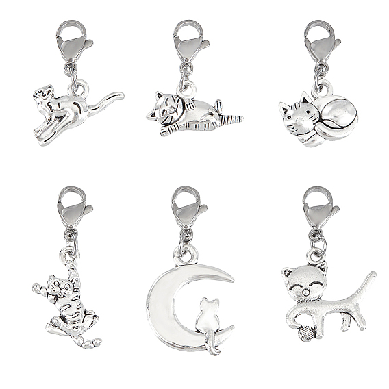 60 шт 6 стили кошачий сплав подвесные украшения, с 304 из нержавеющей стали Lobster Claw застежками