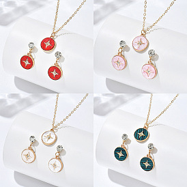 Наборы подвесок и сережек-гвоздиков из цинкового сплава с кристаллами, стразами и акрилом., золотые, плоские круглые с звезды шаблон