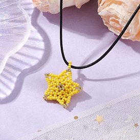 Glass Seed Beaded Star Pendant Necklaces, Black Waxed Cotton Cord Necklaces for Women