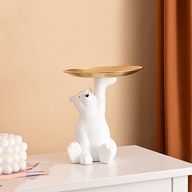 Resin Polar Bear Sculpture with Metal Tray, Jewelry Candy Dish Decorative Tray for Keys Home Office Hotel Decoration