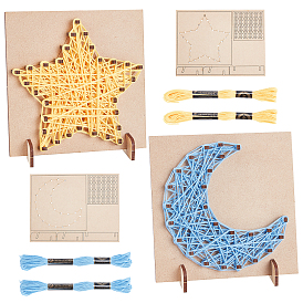 PandaHall Elite 2Sets Star & Moon 3D DIY Nail String Art Kit Arts And Crafts for Adults, Including Wooden Stencil and Woolen Yarn