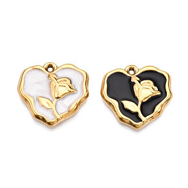 304 подвески из нержавеющей стали, с эмалью, сердце с цветочными подвесками, реальный 18 k позолоченный, ионное покрытие (ip)