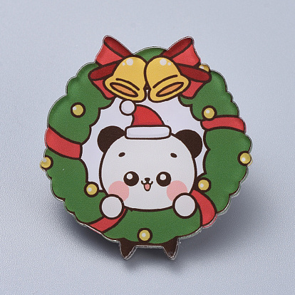 Acrylic Safety Brooches, with Iron Pin, For Christmas, Christmas Wreath with Bear