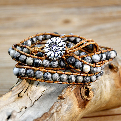 Браслеты из натуральных каменных бусин, имитирующих карту мира., Браслеты из вощеного шнура для женщин и мужчин, с пряжкой в виде подсолнуха из сплава