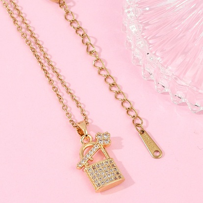 Замок и ключ латунный микропаве кубический цирконий кулон ожерелья, с ионным покрытием (IP) 304 цепь из нержавеющей стали, стойки покрытие