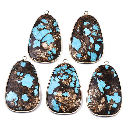 Assembled Bronzite and Synthetic Turquoise Big Pendants, with Light Gold Plated Brass Edge and Loop, Egg Stone