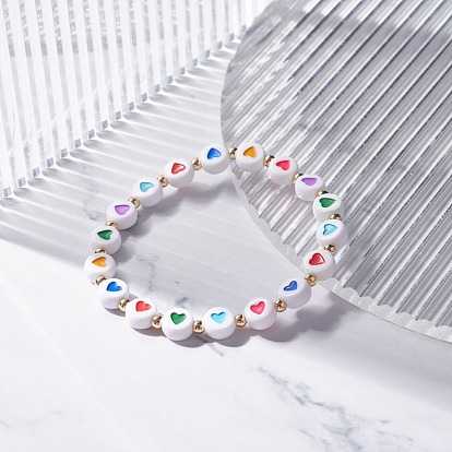 Heart Pattern Flat Round Acrylic Beads Stretch Bracelet for Kid