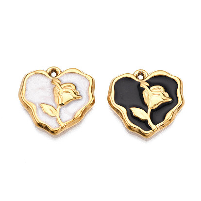 304 подвески из нержавеющей стали, с эмалью, сердце с цветочными подвесками, реальный 18 k позолоченный, ионное покрытие (ip)