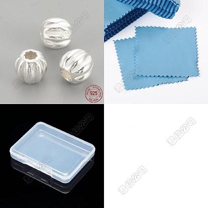 30pcs 925 perles ondulées en argent sterling, ronde, avec tissu en daim chiffon de polissage argent carré
