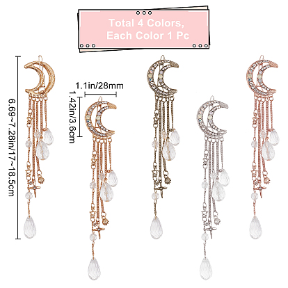 Gorgecraft 4Pcs 4 Colors Alloy Snap Hair Clips, with Crystal Rhinestone, Iron Tassels and Plastic Teardrop Beads, Moon & Star