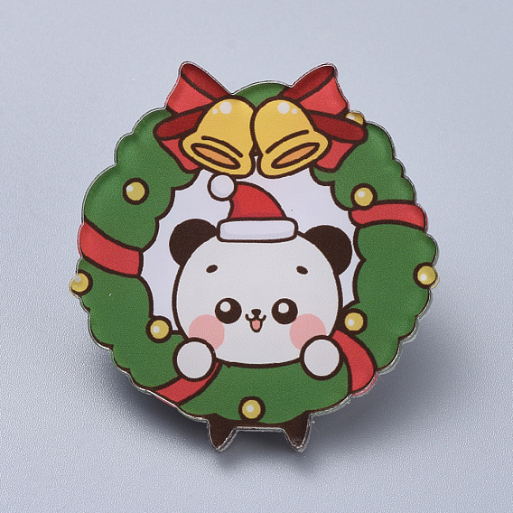 Acrylic Safety Brooches, with Iron Pin, For Christmas, Christmas Wreath with Bear