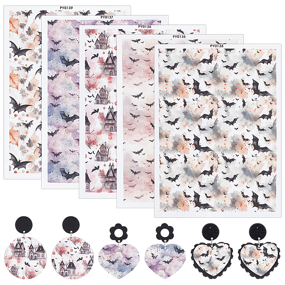 5шт. 5 стили узор летучей мыши на Хэллоуин керамика глина бумага для водного переноса, переводные декали под глазурью, для сережек-подвесок своими руками