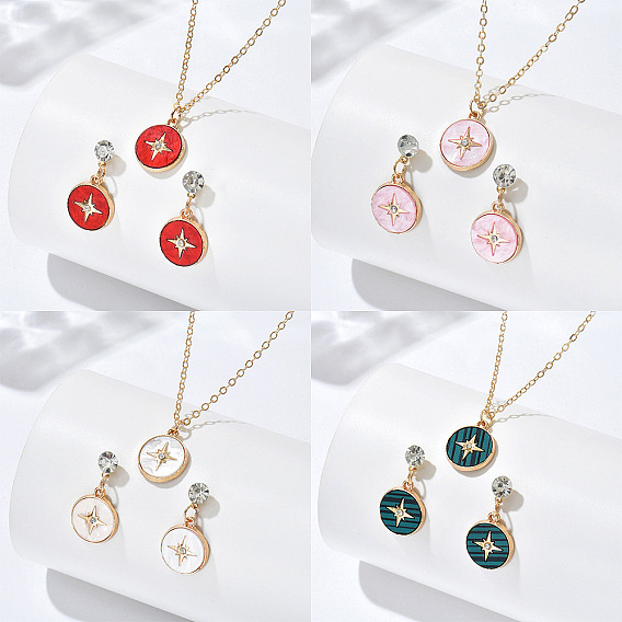Наборы подвесок и сережек-гвоздиков из цинкового сплава с кристаллами, стразами и акрилом., золотые, плоские круглые с звезды шаблон