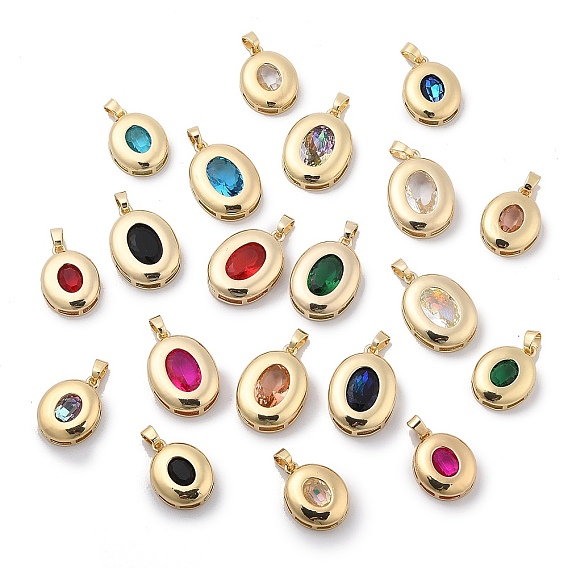 Rack Plating Brass Pendants, Oval Shaped Glass Charms, Long-Lasting Plated, Cadmium Free & Lead Free, Real 18K Gold Plated