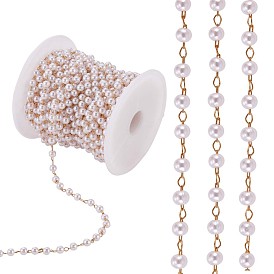 Plastic Imitation Pearl Beaded Chain, with Gold Plated Brass Cable Chains, Soldered, with Spool, for Jewelry Making