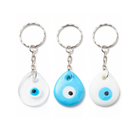 Teardrop Handmade Lampwork Evil Eye Pendants Keychain, with Iron Findings