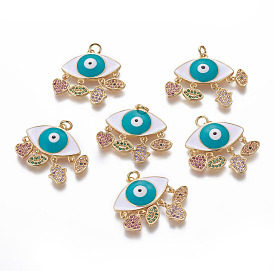 Brass Enamel Pendants, with Cubic Zirconia, Evil Eye with Lip & Heart & Hamsa Hand & Eye, Golden