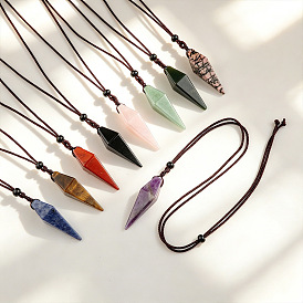 Natural Gemstone Bicone Pendant Adjustable Polyester Cord Necklaces