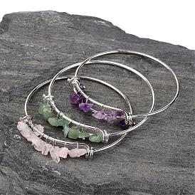 Silver Color Plated Brass Bangles, with Natural Gemstones, 64mm