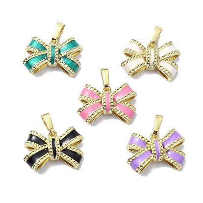 Rack Plating Brass Enamel Pendant Rhinestones Settings, Long-Lasting Plated, Lead Free & Cadmium Free, Bowknot Charm, Real 18K Gold Plated