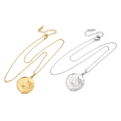 Плоские круглые с волком 304 ожерелья из нержавеющей стали с подвеской, ионное покрытие (ip)