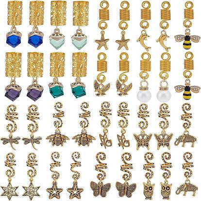 Aluminum Hair Braid Dreadlock Beads Set, Hair Coil Cuffs, with Alloy & Glass & Acrylic Pearl Pendants, Mixed Shaped