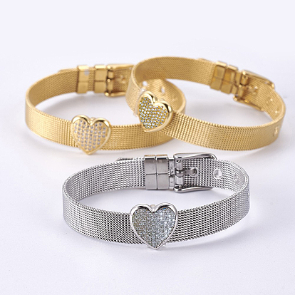 Unisex 304 Stainless Steel Watch Band Wristband Bracelets, with Brass Micro Pave Cubic Zirconia Slider Charms, Heart