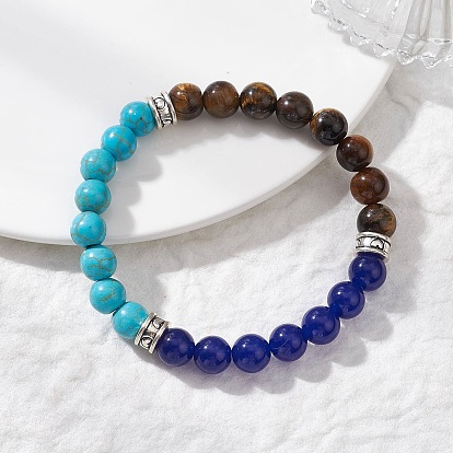 Женские браслеты из круглых бусин из натурального тигрового глаза, окрашенного малайзийского нефрита и синтетической бирюзы, с европейским бисером из сплава в тибетском стиле