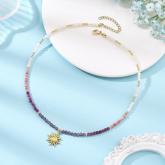 304 Stainless Steel Pendant Natural Mixed Gemstone & Pearl Beaded Necklaces for Women, Golden