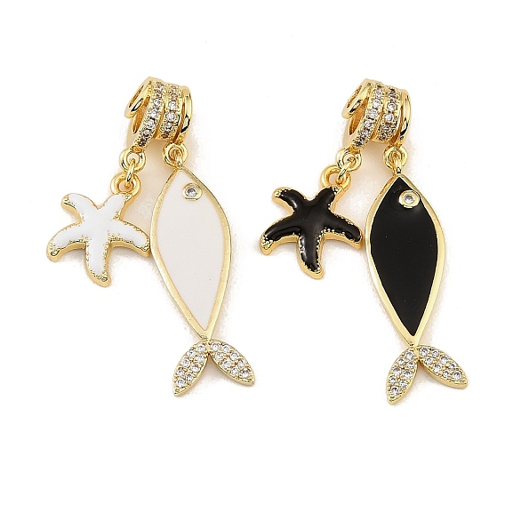 Brass Micro Pave Clear Cubic Zirconia Pendents, with Enamel, Fish and Starfish Charms, Rack Plating, Long-Lasting Plated, Cadmium Free & Lead Free, Real 18K Gold Plated