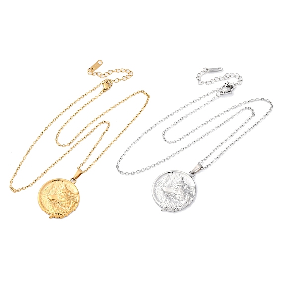 Плоские круглые с волком 304 ожерелья из нержавеющей стали с подвеской, ионное покрытие (ip)