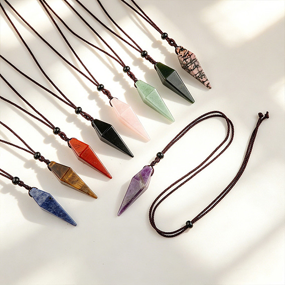 Natural Gemstone Bicone Pendant Adjustable Polyester Cord Necklaces