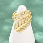 Brass Micro Pave Cubic Zirconia Cuff Open Rings for Women, Feather