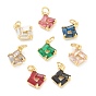 Brass Cubic Zirconia Pendants, Real 18K Gold Plated, with Jump Rings, Square