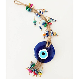 Blue Flat Round with Evil Eye Glass Pendant Decorations, with Wood Beads and Jute Cord Tassel Wall Hanging Ornaments