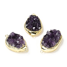 Natural Amethyst Nuggets Connector Charms, with Light Gold Tone Brass Findings, Cadmium Free & Lead Free, Oval
