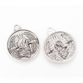 Alloy Pendants, Flat Round with Wolf, Lead Free & Cadmium Free