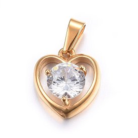 304 Stainless Steel Charms, with Cubic Zirconia, Heart