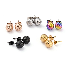 Ion Plating(IP) Textured Round Bead 304 Stainless Steel Stud Earring Findings, with Ear Nuts/Earring Backs and Hole
