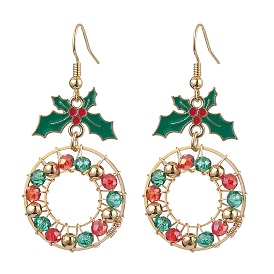 Christmas Wreath Electroplated Glass Bead Dangle Earrings, Alloy Enamel Holly Leaf Earrings for Women, Red
