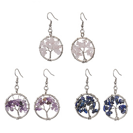 Natural Mixed Stone & Brass Dangle Earring, with 316 Surgical Stainless Steel Earring Hooks, Flat Round with Tree of Life