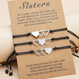 Sisters Heart-Shaped Stainless Steel Card Bracelet Set with Adjustable Waxed Cord Weaving