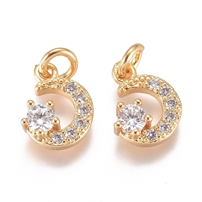 Brass Micro Pave Cubic Zirconia Pendants, with Jump Ring, Long-Lasting Plated, Moon