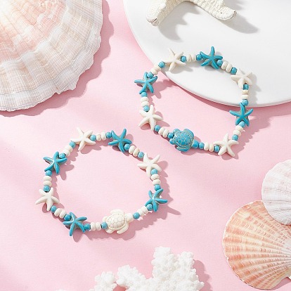 2шт. синтетические бирюзовые бусины эластичные браслеты, морская черепаха и морская звезда