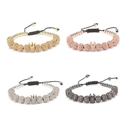 4Pcs 4 Color Cubic Zirconia Round & Crown Braided Bead Bracelet with Synthetic Hematite, Brass Adjustable Bracelets for Women