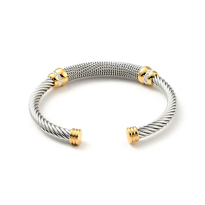 304 Bracelet manchette ouverte en forme de corde torsadée en acier inoxydable avec strass pour femme